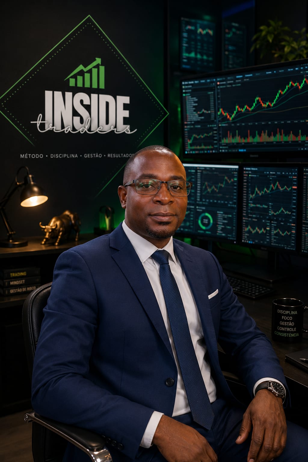 Otávio Trader em seu escritório com telas de análise de mercado